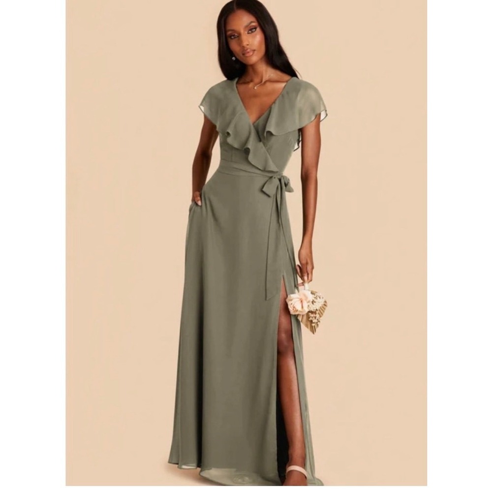 Birdy Grey Jackson Chiffon Dress Women M Moss Green NEW Ruffle Slit Maxi